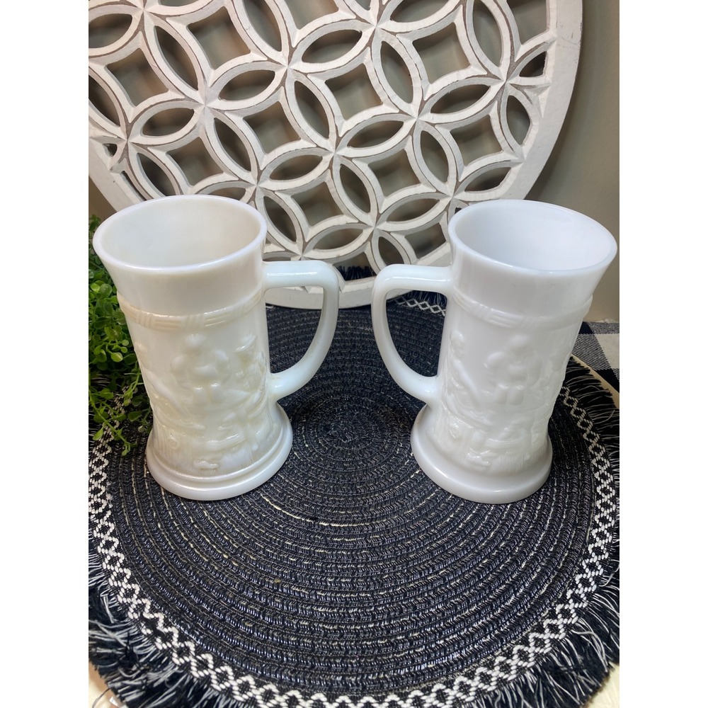 Vintage Milk Glass Beer Stein Mug Set of 2 Tavern Scene Embossed White Glass